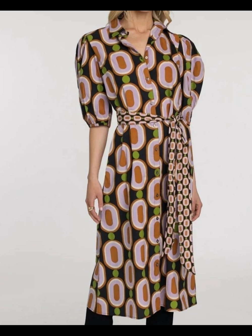Elizabeth James NWOT XL Geometric Print Midi Shirt Dress - Brown & Pink PTP 22
